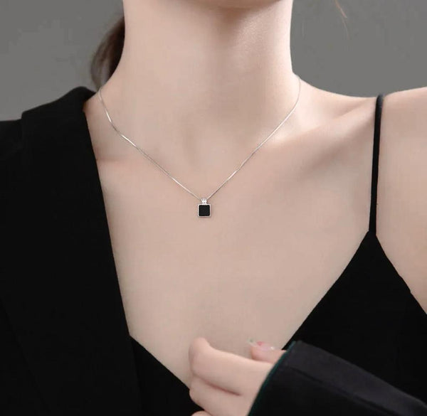 Minimalist Necklace by Luxury Bee® | Enamel Black Square Box Silver Sterling 925 Minimalist Necklace.