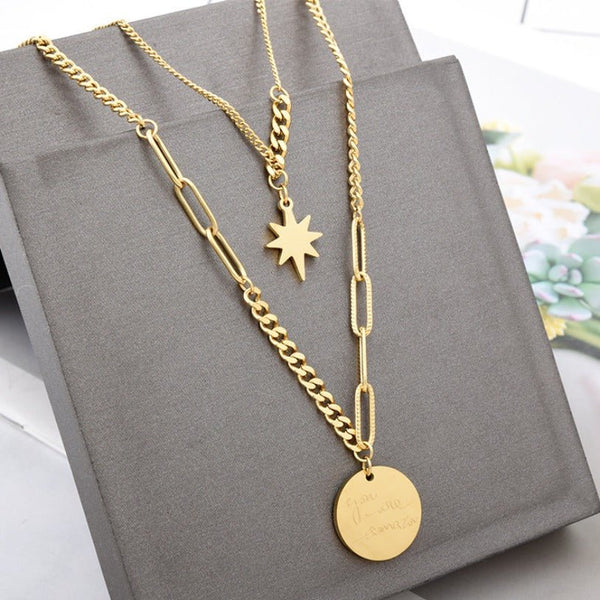 Luxury Bee Double Layer Eight Mangs-Star Wool Personality Lock Chain Necklace - Luxury Bee