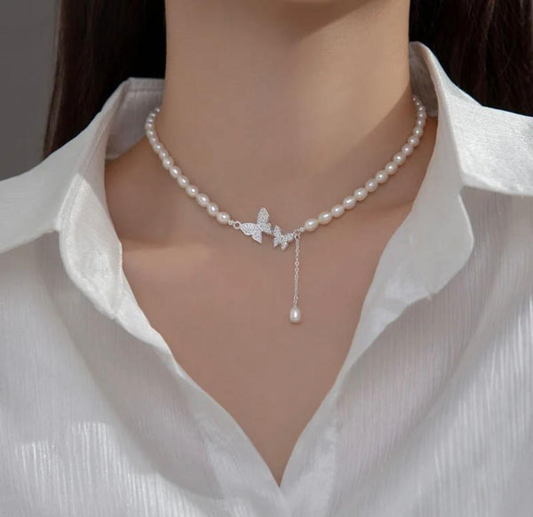 Shop Necklaces for Women Online | Luxury Bee® | Duo Butterfly Freshwater Pearl Minimalist Necklace